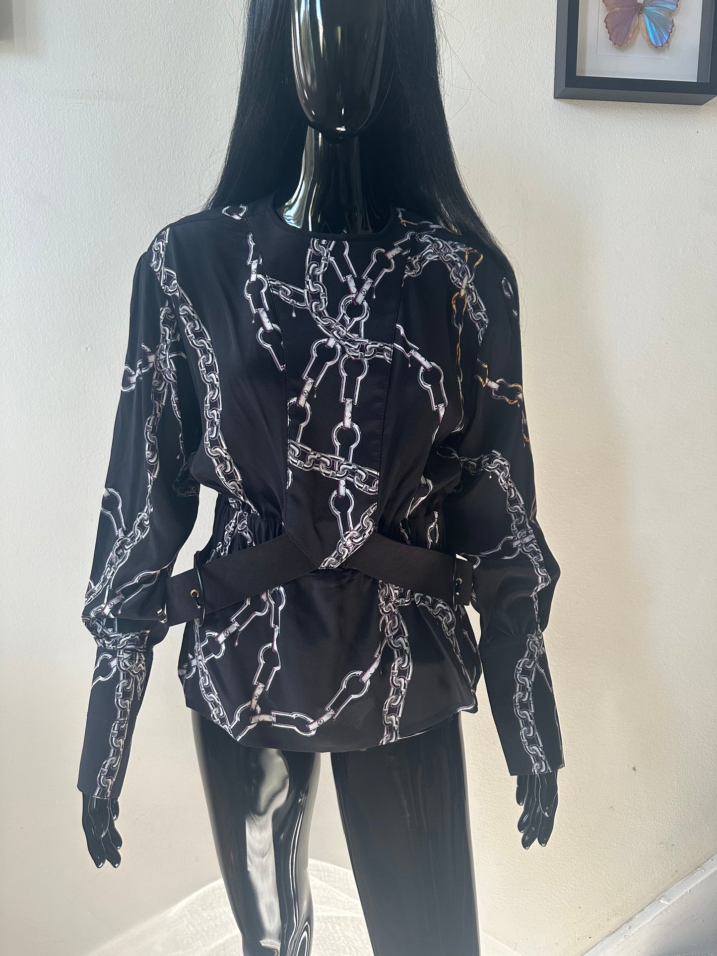 Chain Print Peplum Blouse – Black Long-Sleeve Designer Top