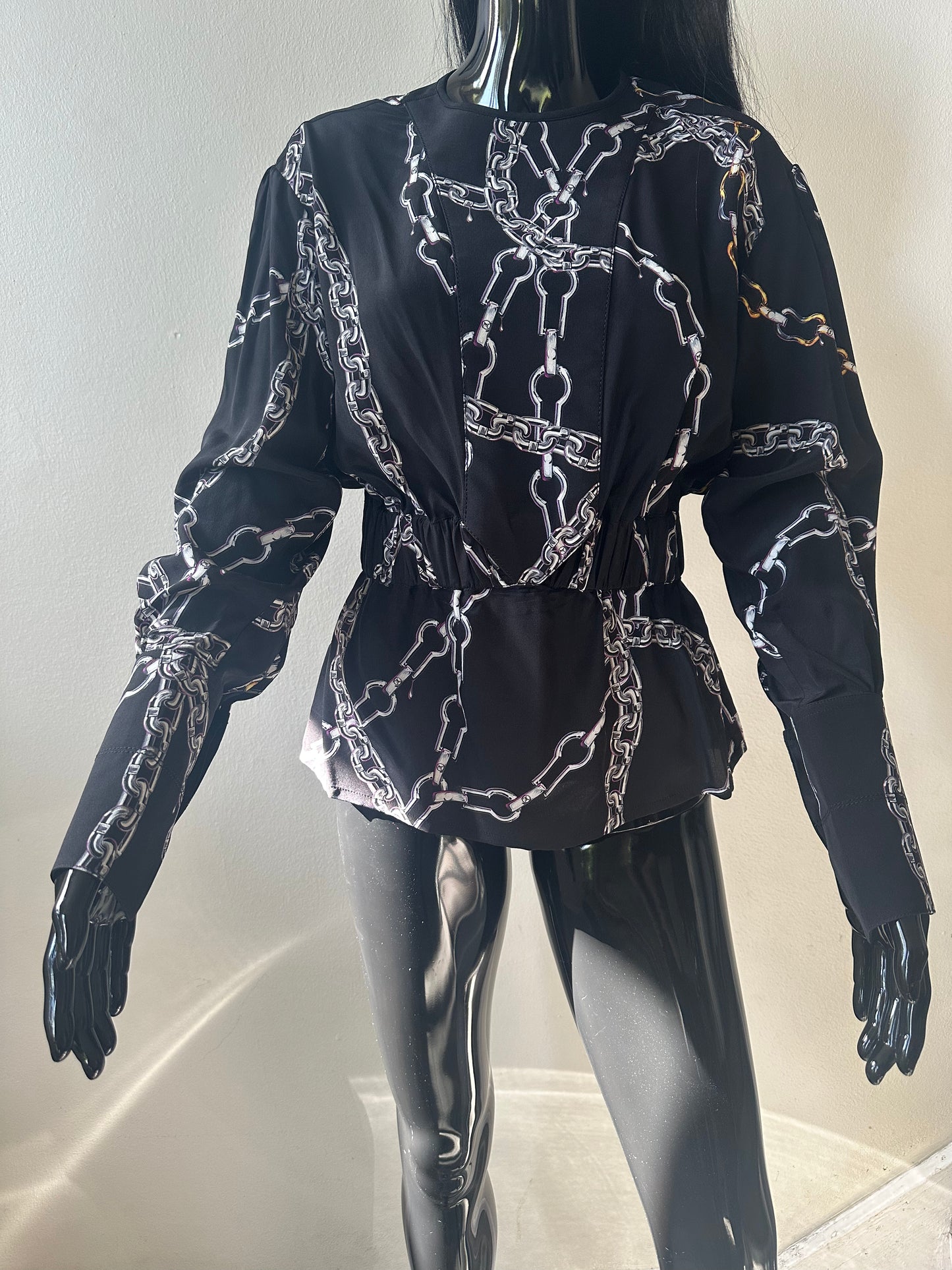 Chain Print Peplum Blouse – Black Long-Sleeve Designer Top