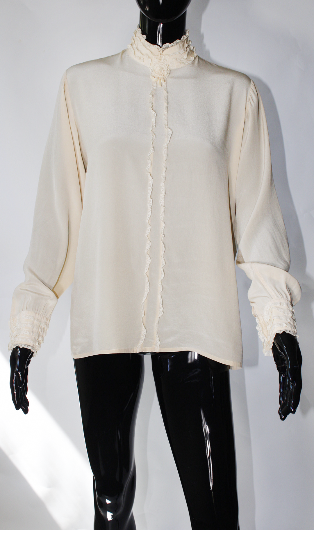 Vintage Silk Ruffle Blouse - Ivory Lace Trim, Made in Italy