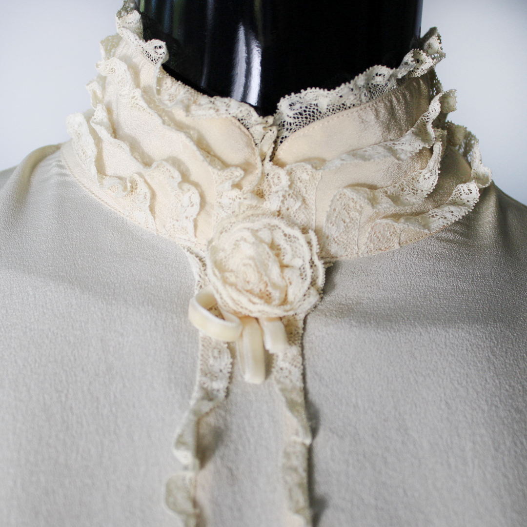 Vintage Silk Ruffle Blouse - Ivory Lace Trim, Made in Italy