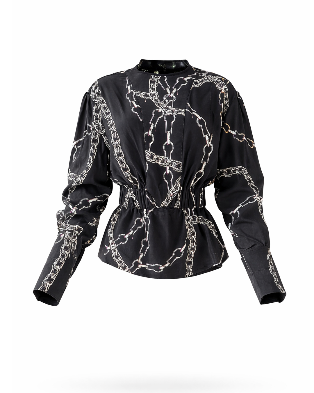 Chain Print Peplum Blouse – Black Long-Sleeve Designer Top