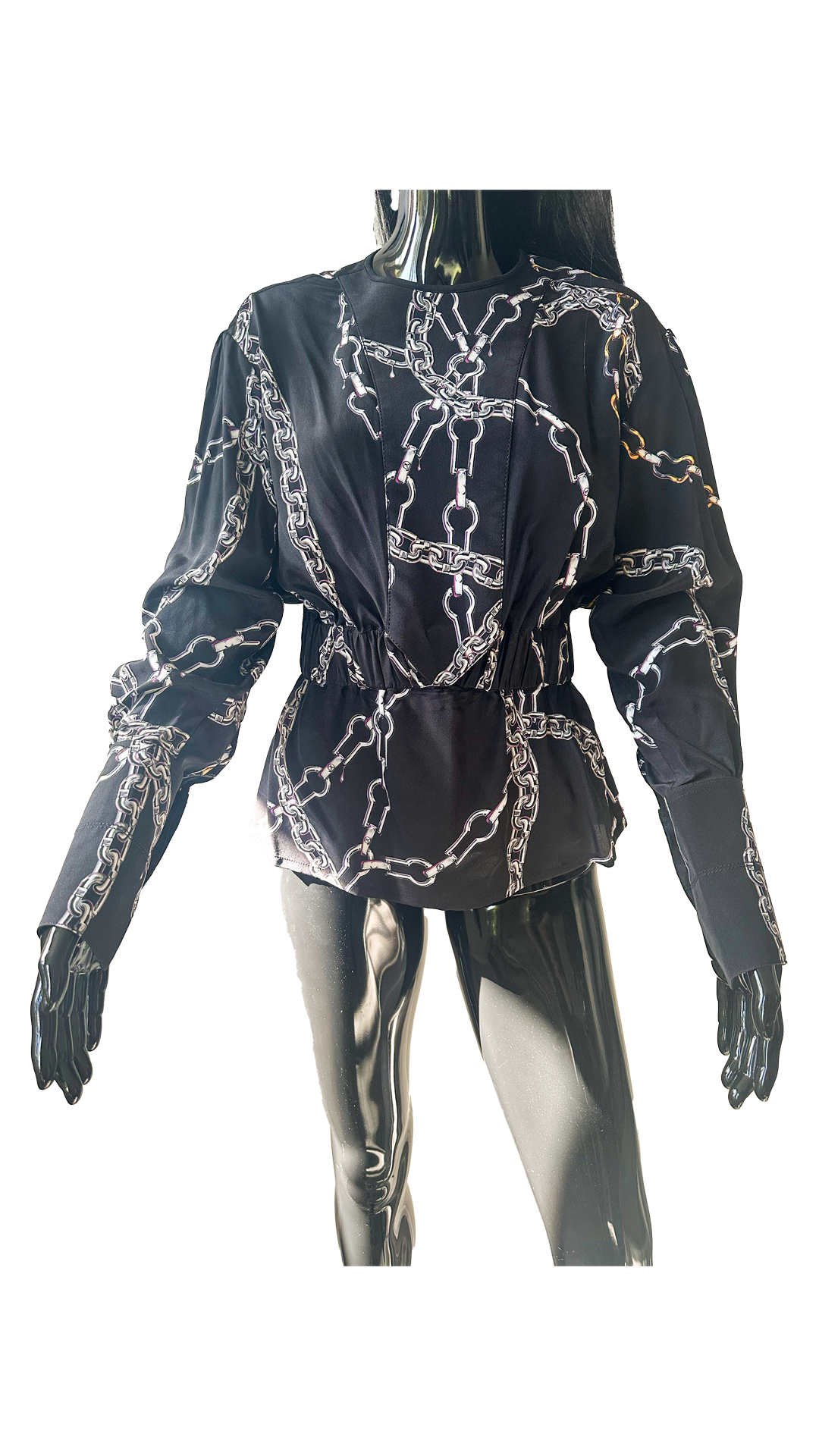 Chain Print Peplum Blouse – Black Long-Sleeve Designer Top