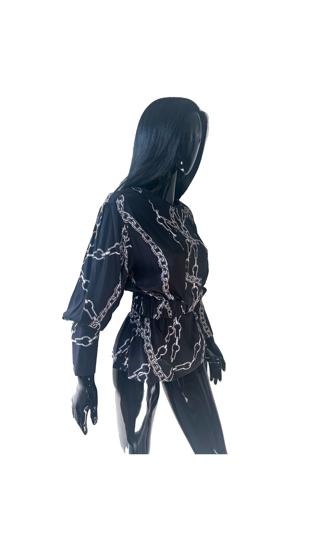 Chain Print Peplum Blouse – Black Long-Sleeve Designer Top