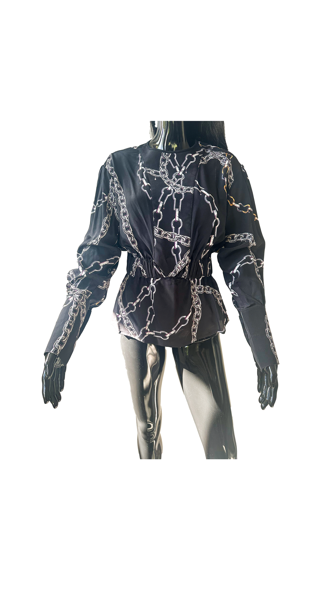 Chain Print Peplum Blouse – Black Long-Sleeve Designer Top
