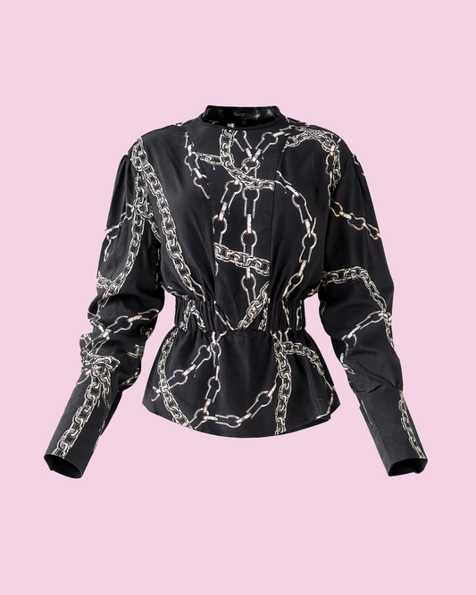 Chain Print Peplum Blouse – Black Long-Sleeve Designer Top