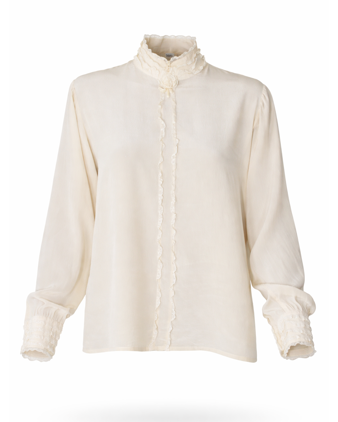 Vintage Silk Ruffle Blouse - Ivory Lace Trim, Made in Italy