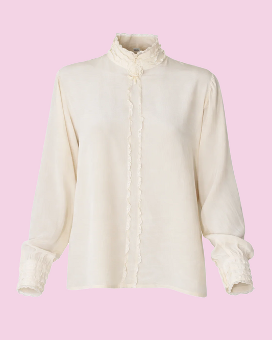 Vintage Silk Ruffle Blouse - Ivory Lace Trim, Made in Italy